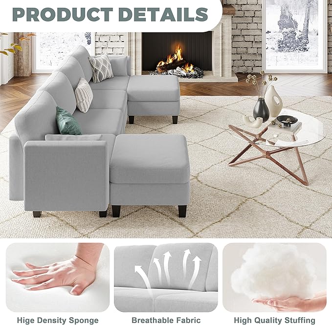Modular Sectional Sofa Comfy Cloud Couch Sectionals Convertible Modular Couch with High Density Memory Foam 6 Seat U Shaped Sectional Couches for Living Room Washable Cover Light Grey | Comfortab