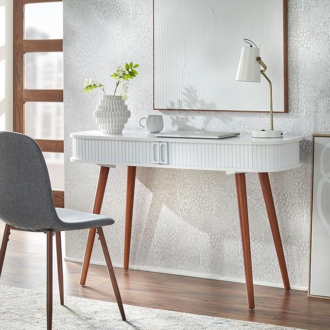 Edie Mid-Century Home Office Desk Entryway Table White/Walnut