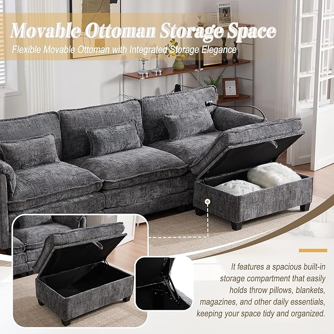 KEIKI 110 L-Shaped Boucle Modular Sectional Chenille Sofa with 1 Ottoman &amp Memory Foam Cushion &amp Phone Holder &amp USB Upholstered Modern Oversized 4-Seater Couch Easy Assembly for Living