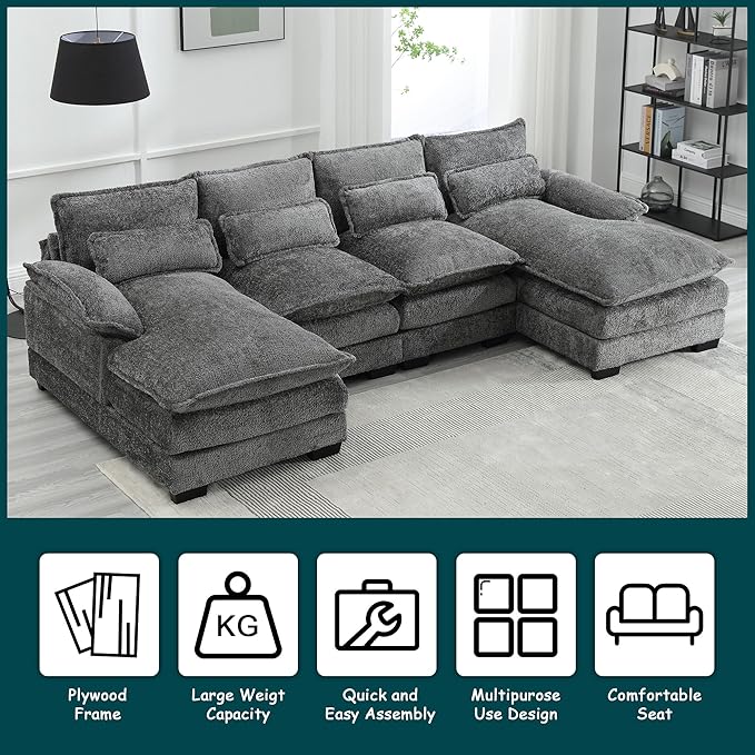 QQU 110.63 W U-Shape Modern Sectional Sofa Couch with Plastic Leg Upholstery Chenille Modular Sectional Sofa Bed with Memory Foam Large Sleeper Couch Chaise Lounges for Living Room(A-Grey)