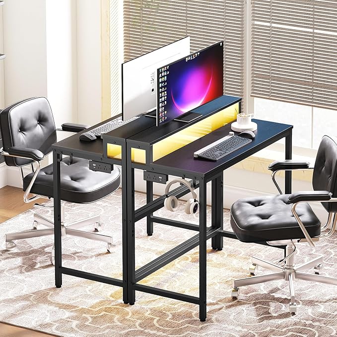 Small Computer Desk with Charging Station and LED Lights Gaming Desk with Monitor Stand 2-Tier Home Office Desk with 4 Side Hooks for Living Room Home Office Black DN01UDBBY2