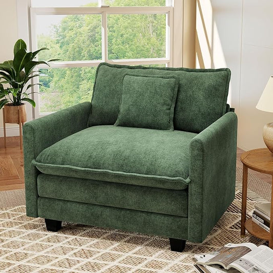 Hanherry 41.8” Oversized Accent Chair Chenille Single Sofa Chair for Living Room Modern Upholstered Reading Chair Deep Seat Comfy Armchair with Pillow for Bedroom and Apartment Green