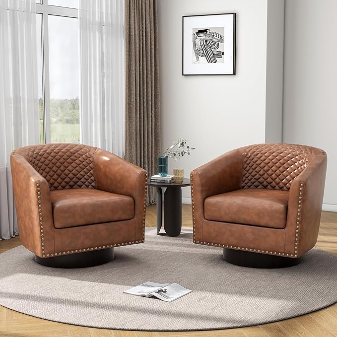 Pia Ricco Faux Leather Swivel Barrel Accent Chairs 360° Swivel Round Single Sofa Chair Comfy Upholstered Club Armchair with Nailhead Trim for Living Room/Reading Room/Bedroom Brown