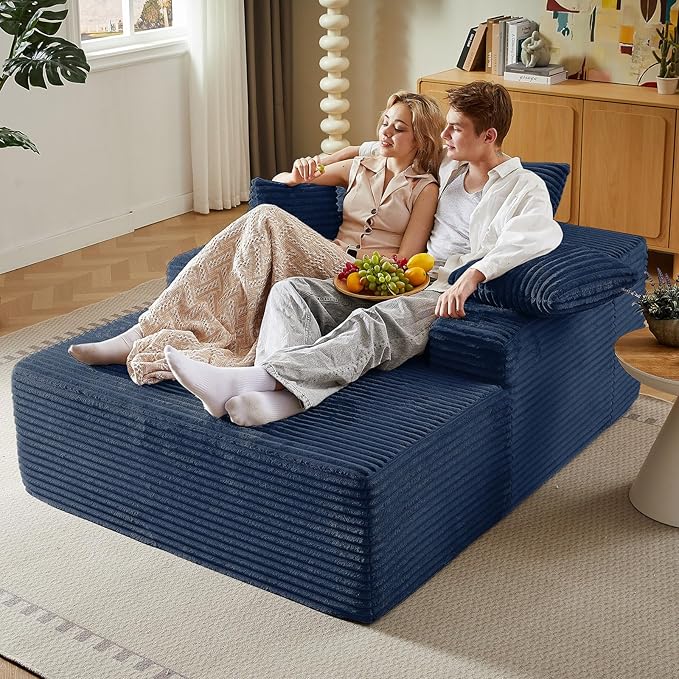 50 Oversized Chaise Lounge Chair IndoorCorduroy Boneless Reading Chair with 3 PillowsDeep Seat Cloud Sofa BedComfy Modern Sleeper Chairs in Box for Living Room BedroomNo Assembly(Blue)