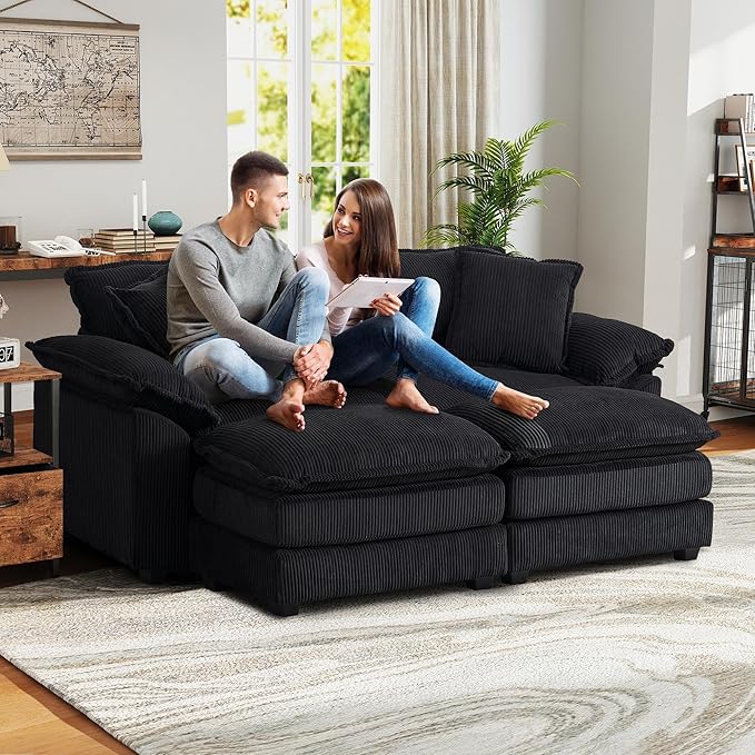 Oversized Chaise Lounge Chair Indoor with Ottoman 80.5W Corduroy Upholstered Modern Loveseat Sofa Deep Seat Modular Sectional Cloud Couch Sofa Comfy Reclining Sleeper Chair for Living Room Black