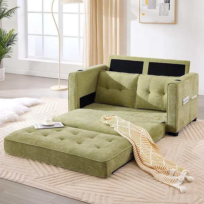 Convertible Sofa Bed Pull Out Loveseat Sleeper CouchLinen Fabric 2 in 1 Folding Couch Bed Fold Out Floor Futon Couches with Cup Holder for Living Room BedroomSmall Space Green