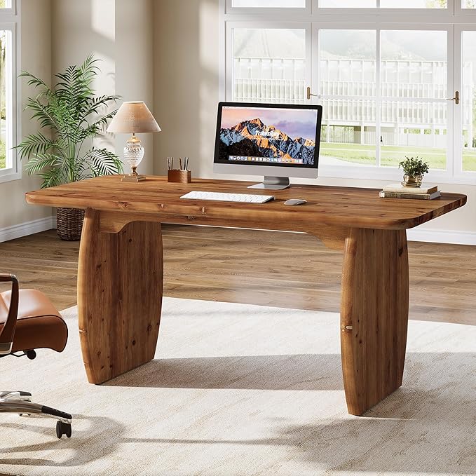 63-Inch Solid Wood Executive Desk Large Office Computer Desk with Sturdy Wooden Legs Farmhouse Writing Table Business Workstation for Home Office Brown