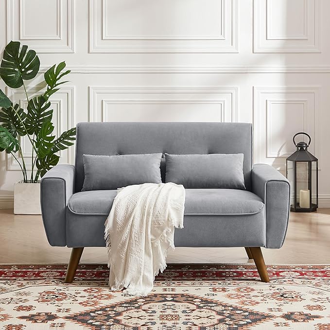 48 Small Loveseat Sofa Modern Linen Fabric Love Seat Couch Upholstered 2-Seat Sofa with 2 Pillows and Wood Legs for Living Room Apartment Bedroom and Small SpacesLightGrey