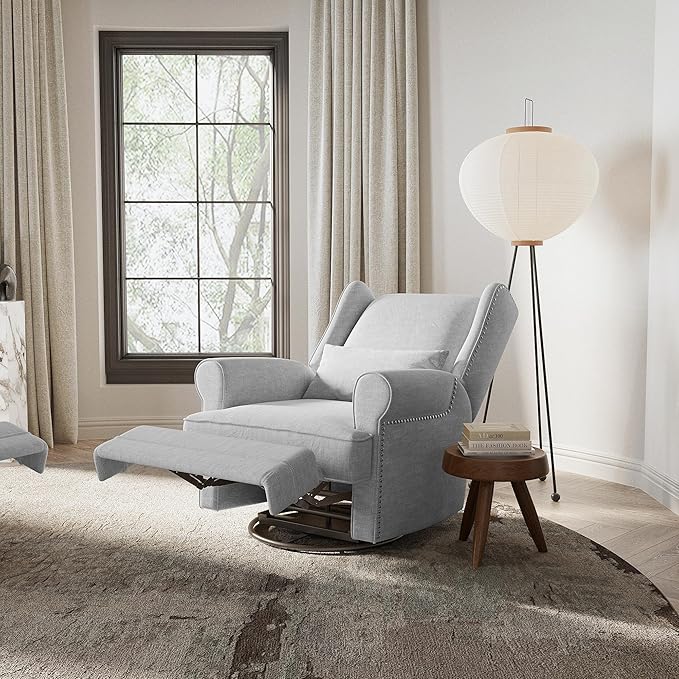 Swivel Recliner Chair with Extra Large Footrest Comfy Upholstered Glider Rocking Chair for Living Room Bedroom and Ofice Grey