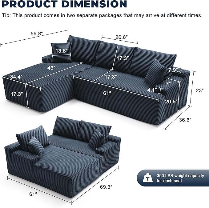 Cloud Sectional Couch Boneless Sofa for Living Room Modular Sectional Sofa with Deep Seat Fluffy Comfy Couch with L-Shaped Chaise No Assembly Required Navy Blue