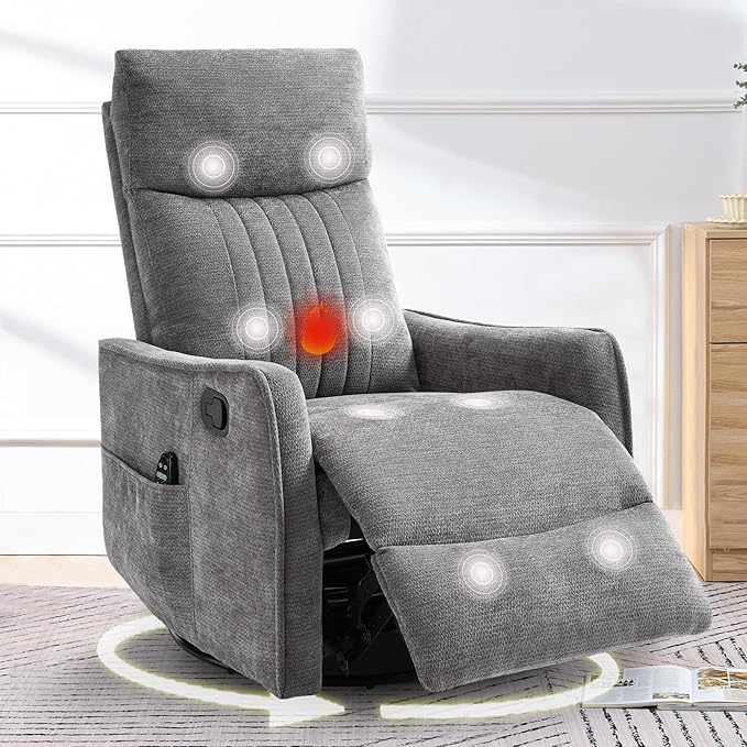 cinkehome Heated Massage Swivel Rocker Recliner Chair for Nursery - Small Space Reclining Chair with Lumbar Support 360° Swivel &amp Gentle Rocking Ergonomic High Back Chenille Fabric Gray