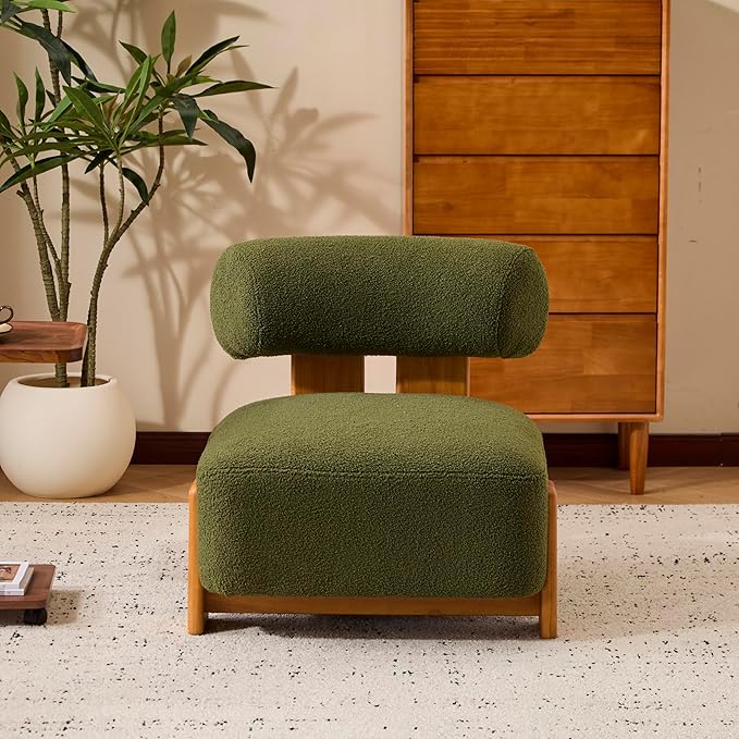 Christopher Knight Home Jillian Modern Boucle Upholstered Accent Chair Armless Living Room Single Lounge Sofa Comfy Reading Chair for Bedroom Low Profile Chair Olive Green+Brown