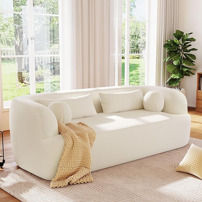 86 Curved Cloud Couch Curved SofaBoneless Couch Upholstered Sofa with Pillows No Assembly with High-Density Foam 3-Seater Luxury Modern Compressed Sofa Beige