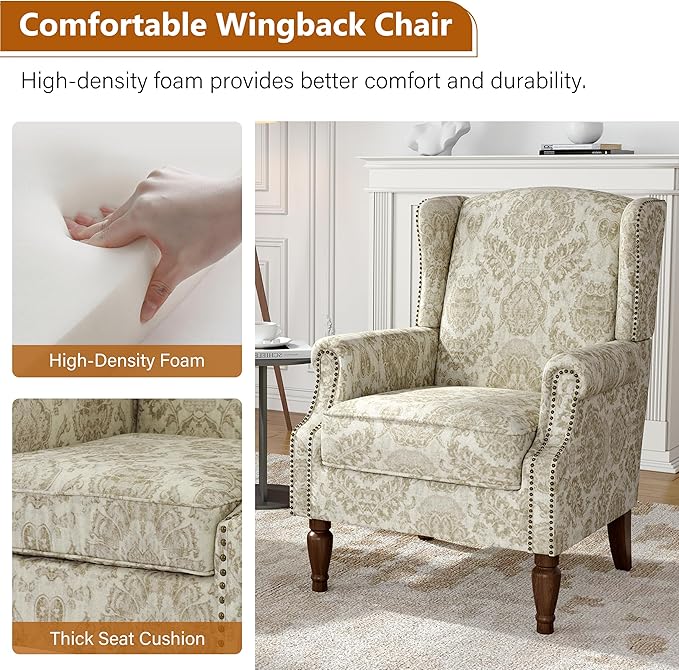 Wingback Accent Chairs Set of 2 High Back Upholstered Armchair Printed Fabric Wingback Arms Chairs with Wood Legs Single Sofa Reading Chair for Bedroom Living Room White
