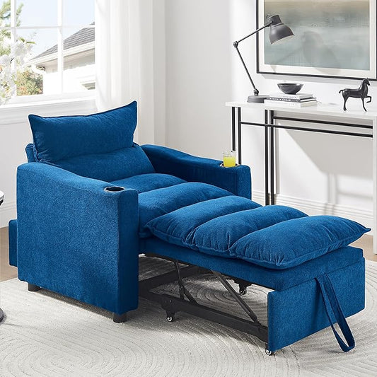 3-in-1 Convertible Sleeper Chair Bed Adjustable Pull-Out Sleeper Sofa Chair Modern Futon Sofa Bed Loveseat with Adjustable Backrest for Living Room Small Space (Blue 36 W)