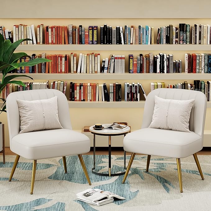 Andeworld Modern Accent Chair Set of 2 Upholstered Faux Suede Living Room Chairs Elegant Armless Cute Small Side Club Chair with Golden Legs for Bedroom-Beige