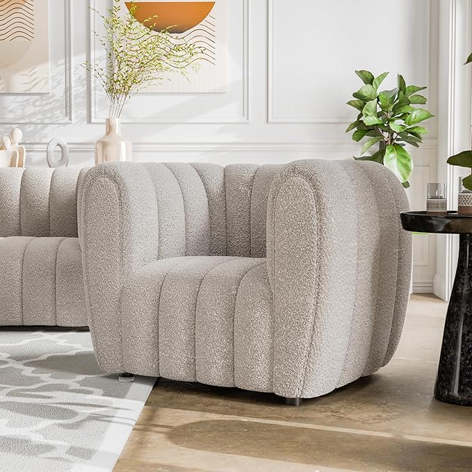 Furniture of America Glamour Contemporary Vertical Channel Tufted Boucle Accent Chair with Wooden Legs Fabric Upholstered Armchair for Living Room Bedroom Office Off-White