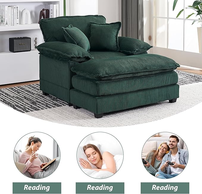 TTK Oversized Chaise Lounge Chair with Ottoman - 39.17 Wide Modern Sleeper Sofa for Living Room Bedroom &amp Office - Deep Seat Sectional Couch with Pillow Comfortable Reading ChairGreen