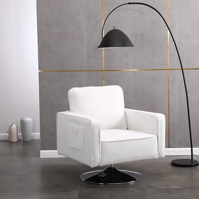 Modern Teddy Fabric Swivel Accent Chair Comfy Armchair with 360 Degree Swiveling for Living Room Bedroom Reading Room Home Office (White)