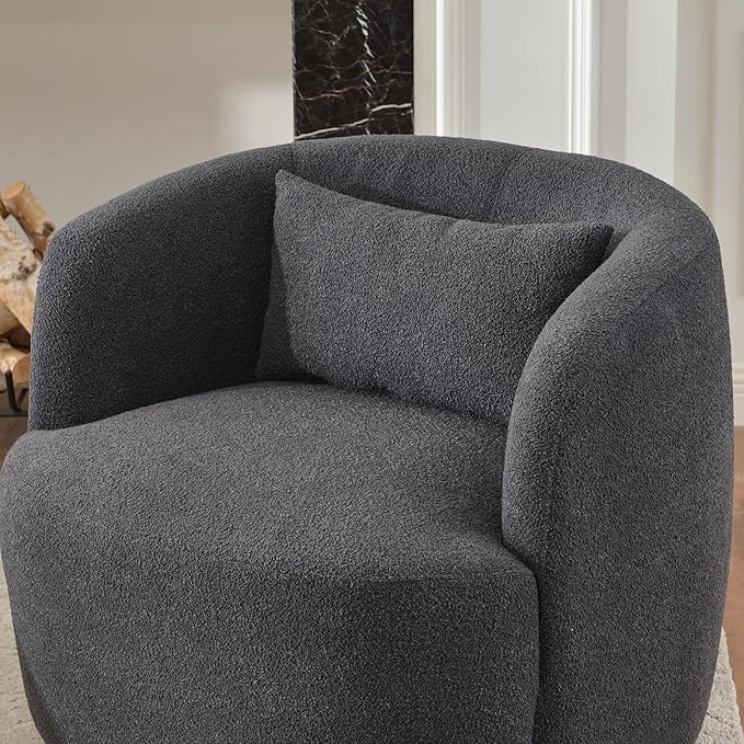 KINWELL 34 Wide Boucle Swivel Barrel Chair No Assembly Round Upholstered Armchair Accent Chair Single Sofa Chair with Toss Pillow for Living Room and Bedroom Dark Grey