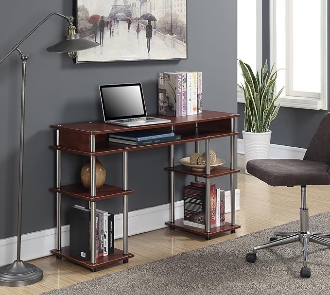 Convenience Concepts Designs2Go No Tools Desk Home Office Desk with Shelves Corner Shelf Vanity Desk Computer Desk Nail Table for Nail Tech - 47.25 L x 15.75 W x 30 H Cherry