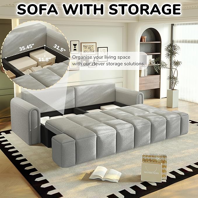90 Comfy 4-Seater Modern Teddy Sofa with Seats Storage King Size 3-in-1 Convertible Sleeper Sofa Bed for Living Room (Grey)