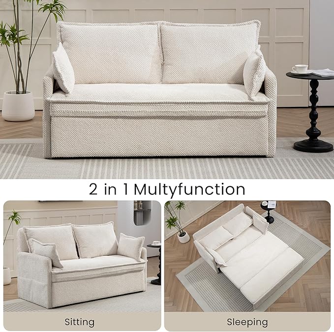 Pull Out CouchLoveseat Convertible Sleeper Sofa Bed with USBPull Out Sofa Bed Side Storage2 PillowsCorduroy Sleeper Couch for Living RoomBedroomApartmentPet-Friendly(Beige 59.5'')