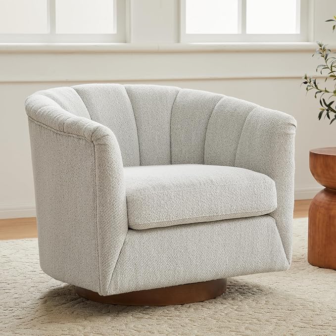 SITJOY Swivel Accent Chair Mid Century Modern Barrel Armchair with Solid Ash Wood Base Upholstered Chair for Living Room Bedroom Fabric in Ivory Set of 2