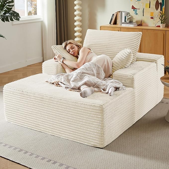50 Oversized Chaise Lounge Chair IndoorCorduroy Boneless Reading Chair with 3 PillowsDeep Seat Cloud Sofa BedComfy Modern Sleeper Chairs in Box for Living Room BedroomNo Assembly(White)