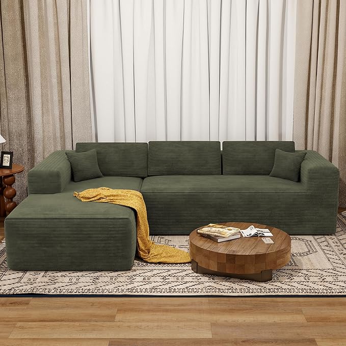 108 Cloud Sectional Couch with L-Shape ChaiseModern Corduroy Boneless Sofa with Deep SeatWide Armrest High Rebound Living Room Sectional CouchNo Assembly Required (Left ChaiseGreen)