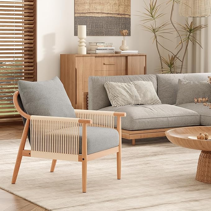 Soohow Mid-Century Modern Braid Armchair Wooden Accent Chair for Living Room &amp Bedroom Reading Spaces