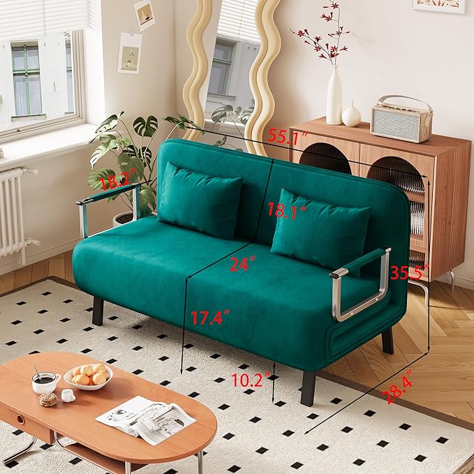 KEIKI 55 Luxury Velvet Loveseat Triple-Fold Sofa Bed 3 in 1 Convertible Sleeper Lounge Chair w/Adjustable Backrest &amp PillowsMulti-Functional Living Room Armchair for ApartmentsAntique Green