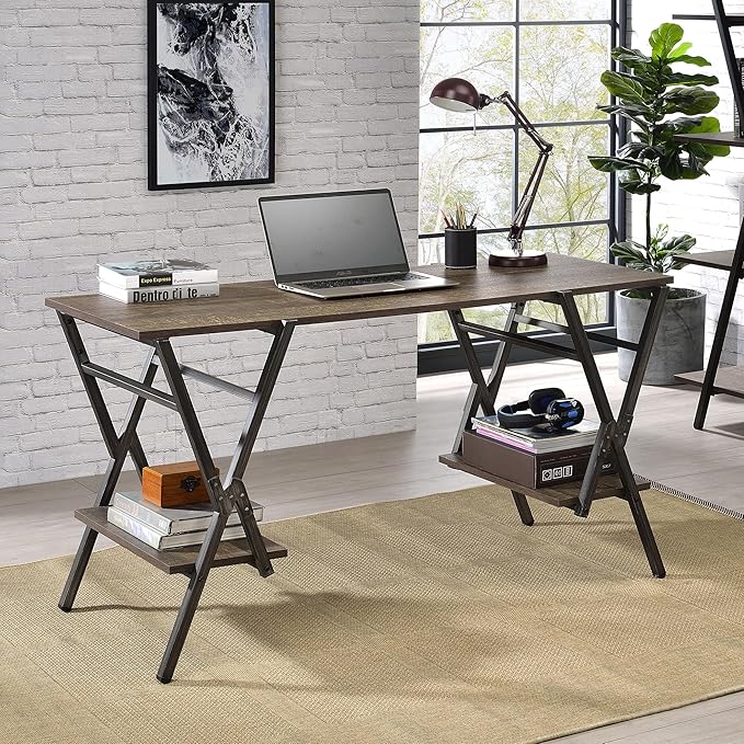 24/7 Shop at Home Hoyte Farmhouse 2 Shelves Metal Writing Desk with USB Port Power Outlet for Workstation Home Office Study Room Rustic Brown and Gun Metal