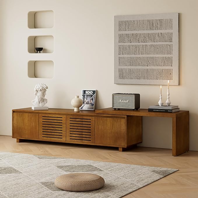 LKTART Mid Century Modern TV StandExtendable Entertainment Center for 65/70/75/80 Inch TVMedia Console for Living Room&ampBedroom Brown Ebony