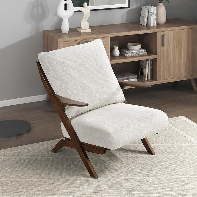 Lexicon Mid Century Modern Accent Chair Pascal Brown Solid Rubberwood Frame Reversible Back Cushion Woven Chenille Upholstered Reading Chair for Living Room/Bedroom/Office Beige