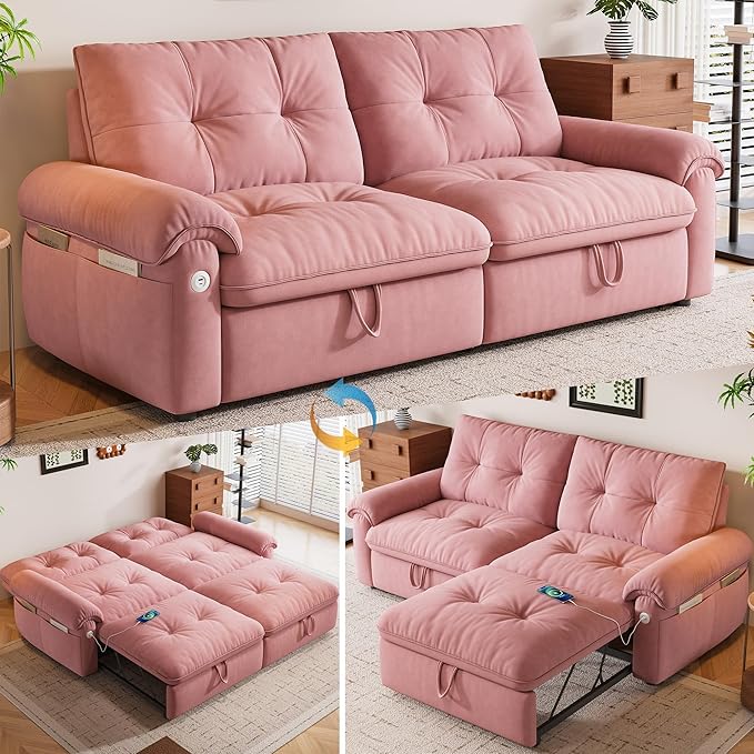 78'' Convertible Sofa Bed 2-in-1 Velvet Sleeper Sofa for Small Spaces Modern Loveseat &amp Guest Bed Apartment &amp Dorm Furniture Pink