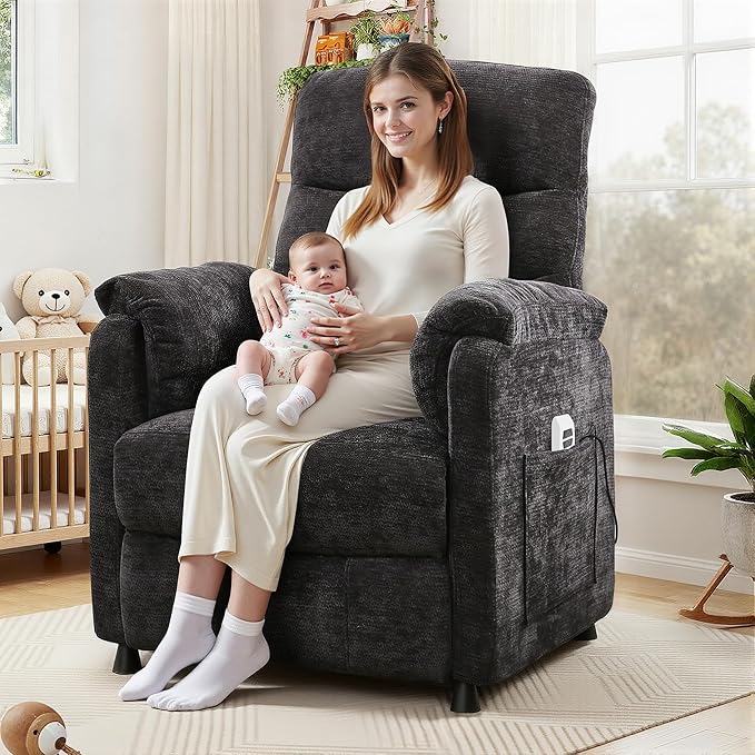 Electric Recliner Chair Power Recliner Sofa with Remote Adjustable Backrest and Side Pocket 7-Zone Support 350 LBS Soft Chenille Fabric Armchair for Living Room Bedroom Black