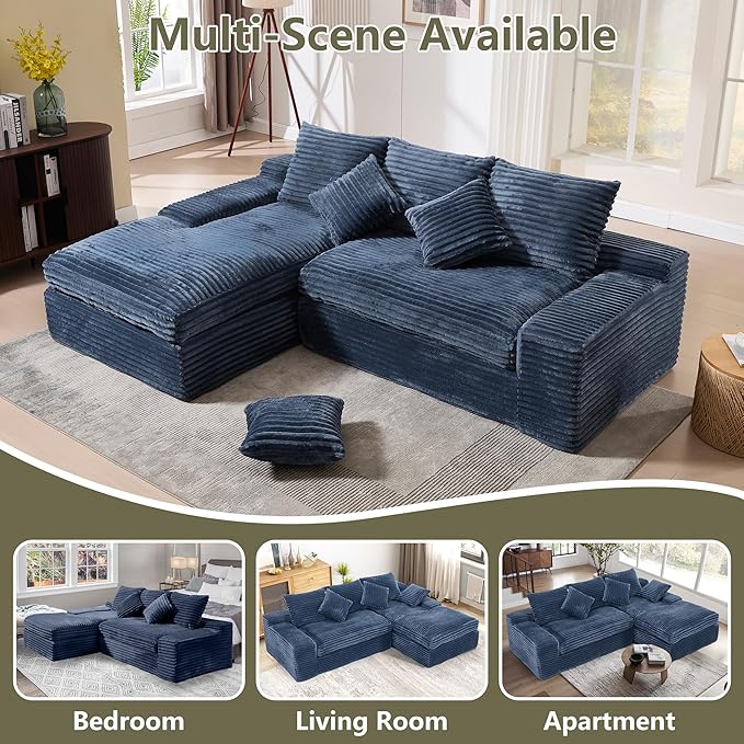 98.8 Cloud L Shape Sectional Couch with Deep Seat Modern Boneless Compressed Sofa with Chaise 4 Seat Corduroy Couches for Living Room Bedroom No Assembly Required (Blue)