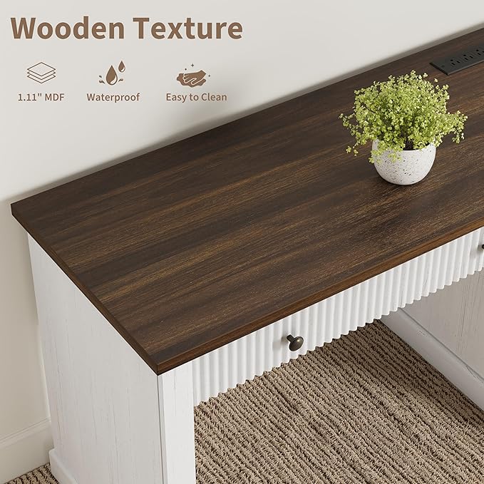 Garvee Fluted Home Office Desk Storage 54 Modern Executive Desk with Charging Station Wooden Computer Writing Desk with File Cabinet &amp Drawers for Study Living Room Bedroom