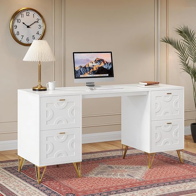 Tribesigns White and Gold Computer Desk 59'' Modern Writing Table with File Drawers Luxury Home Office Executive Desk with Gold Metal Legs for Work or Vanity Use