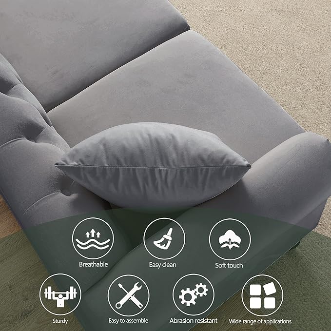 2 Piece Grey Velvet Chesterfield Sofa Set for Living Room79 3 Seater&amp57 Loveseat Sofa SetButton Tufted Nailhead Trimming Curved Backrest Rolled Arms with Black Metal Legs with 4 Pillows