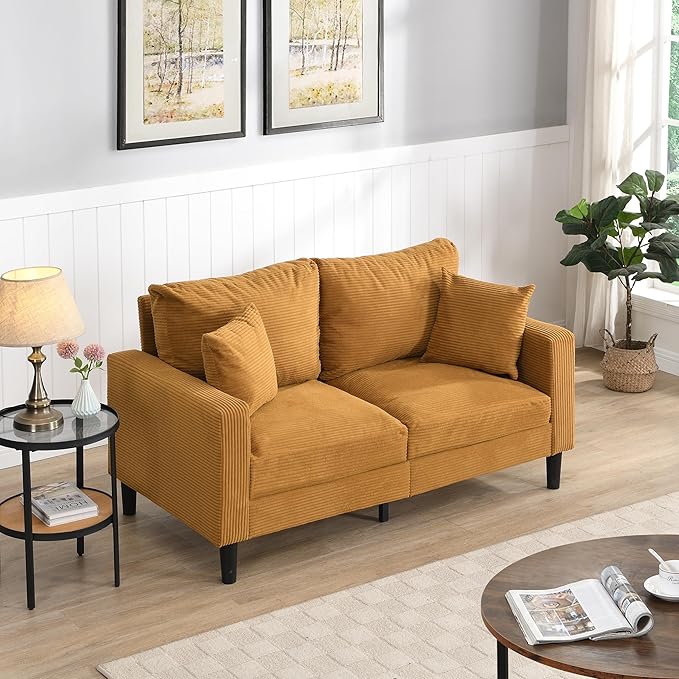 Corduroy Loveseat Sofa 2-Seater with Metal Legs Modern 57'' Compact Couch for Small SpacesMini Couches for Living Room/Apartment/Dorm/OfficeSettee (Corduroy Orange)