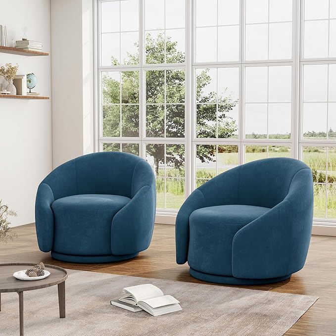 Swivel Barrel Accent Chair 360° Small Round Sofa Chair Comfy Modern Reading Armchair for Living Room Bedroom (Velvet Blue Set of 2)