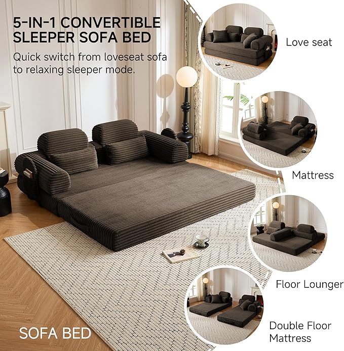 79 Sofa Bed Deep Seat 32 Sleeper Sofa 5-in-1 Convertible Sofa Bed Boneless Couch in a Box Corduroy Floor Futon with Thickened backrest and Headrest Pillows Side Pockets Brown