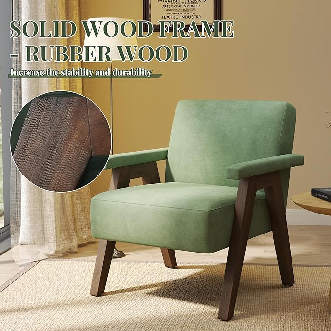 Mid-Century Accent Chair Linen Fabric Upholstered Lounge Armchair with Solid Wood Frame Modern Reading Chair for Living Room Bedroom ApartmentSage Green