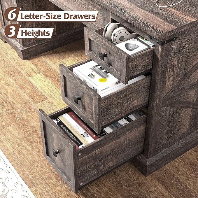 EnHomee 58 W Farmhouse Executive Desk with Drawers Wood Home Office Desks with Power Outlets Rustic Computer Desk with Storage Cabinet for Working Studying Writing Dark Rustic Oak