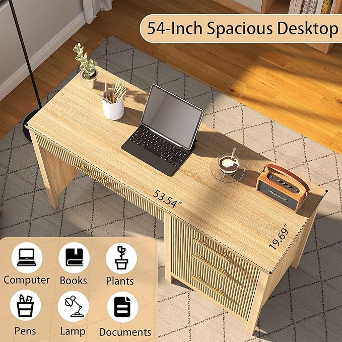 Modern Executive Desk with Drawers: 54 Oak Home Office Desks with File Drawers Wood Fluted Computer Writing Desk for Work Study and Living Room (54)