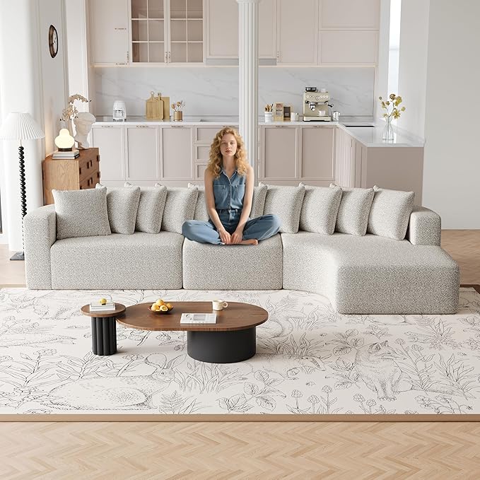 131 Boneless Chenille Sectional L-Shaped Sofa Modern Cloud-Shaped Curved 3-Seater Sofa Includes 10 Pillows Living Room Fabric Corner Couch (Light Khaki 131 Right Chaise)