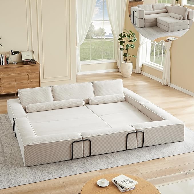 KEIKI 80 Convertible Couch Corduroy Modular Floor Sofa Bed Folding Lounge Sofa with High Density Foam Deep Seat Floor Couch for Living Room Khaki