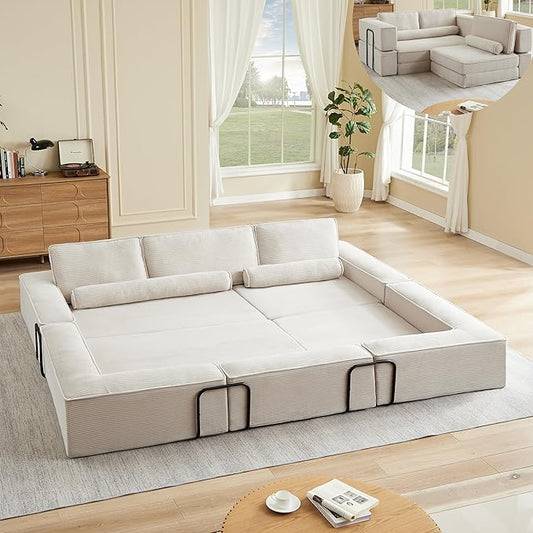 KEIKI 80 Convertible Couch Corduroy Modular Floor Sofa Bed Folding Lounge Sofa with High Density Foam Deep Seat Floor Couch for Living Room Khaki